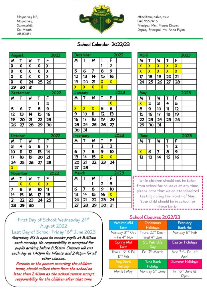 School Calendar Moynalvey NS